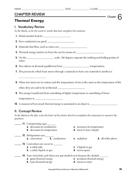 Thermal Energy Worksheet for 7th - 12th Grade | Lesson Planet
