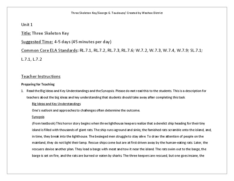 Three Skeleton Key Lesson Plan for 6th 8th Grade Lesson