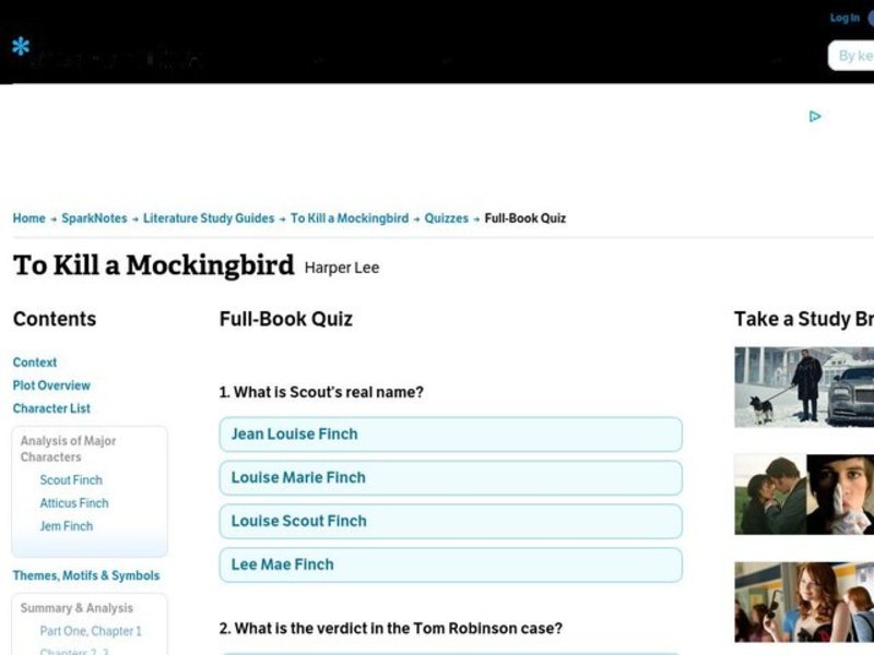 To Kill a Mockingbird Quiz Interactive for 8th Higher Ed Lesson