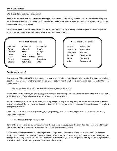 Tone And Mood 6th 9th Grade Worksheet Lesson Planet