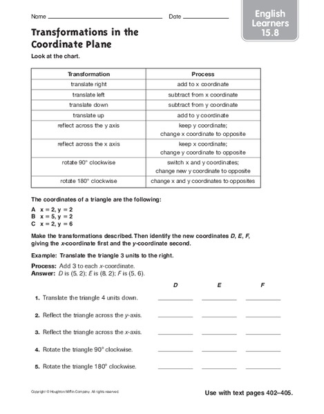 Worksheets Transformations In The Coordinate Plane Worksheet collection of transformations in the coordinate plane worksheet english learners 6th