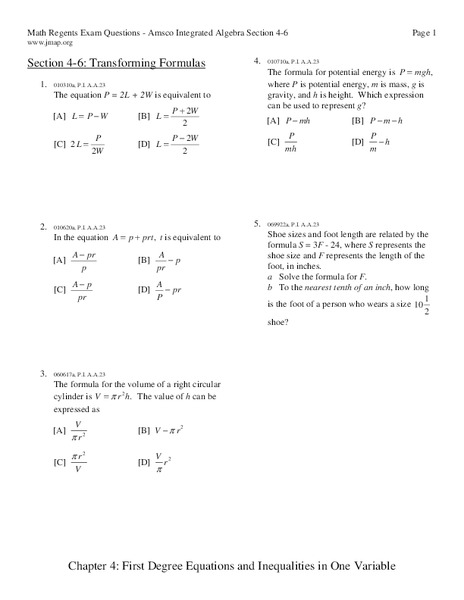 Transforming Formulas Worksheet for 7th - 12th Grade | Lesson Planet