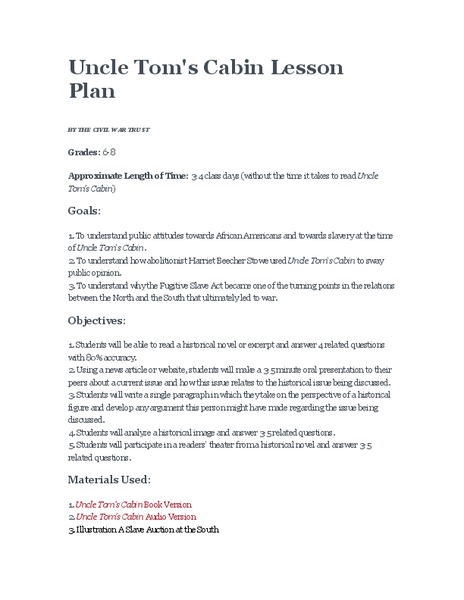 Uncle Tom S Cabin Lesson Plan For 6th 8th Grade Lesson Planet