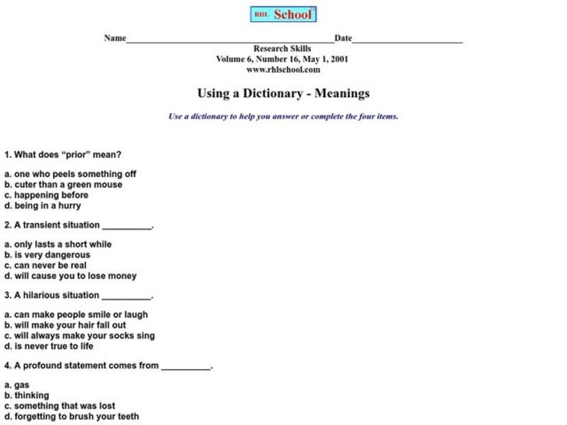 Using a Dictionary - Meanings Worksheet for 5th - 8th Grade | Lesson Planet
