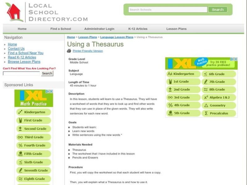Using a Thesaurus Lesson Plan for 6th 8th Grade Lesson