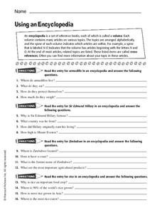 Using an Encyclopedia Worksheet for 5th - 10th Grade | Lesson Planet