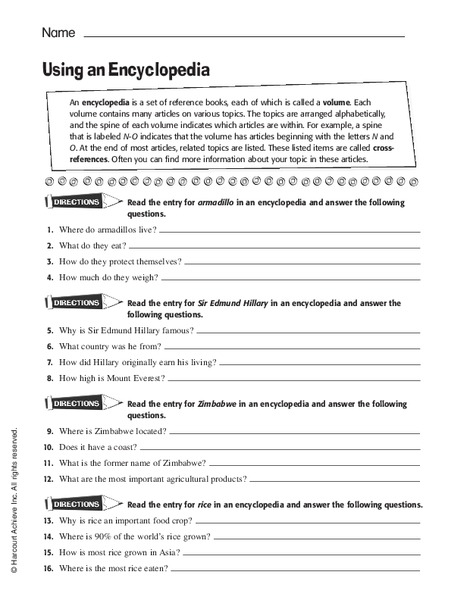 using an encyclopedia worksheet for 5th 10th grade