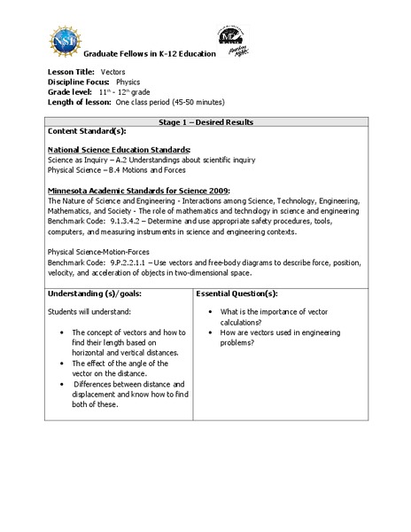 Vectors Lesson Plan for 11th - 12th Grade | Lesson Planet
