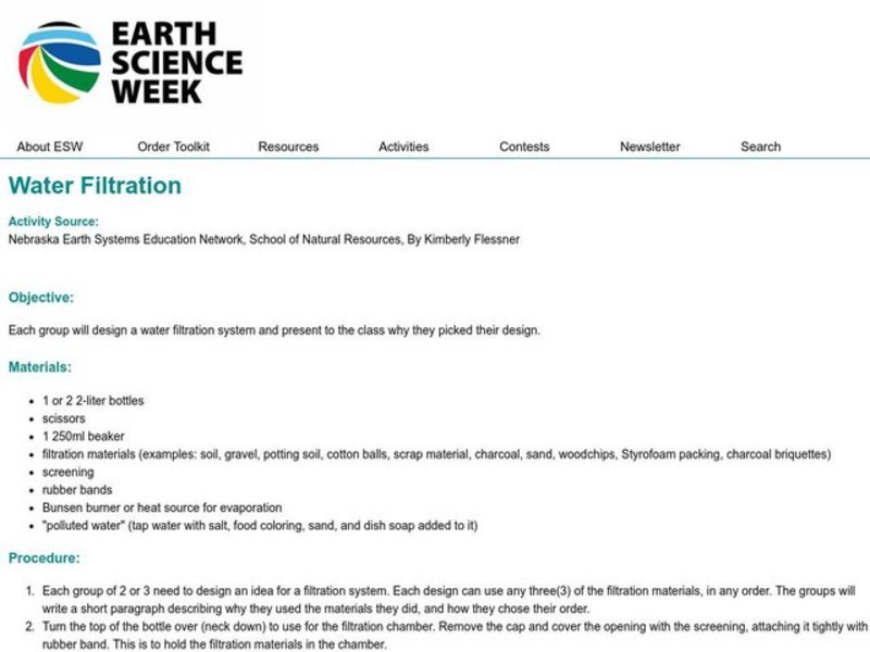 Water Filtration Lesson Plan for Kindergarten 12th Grade Lesson