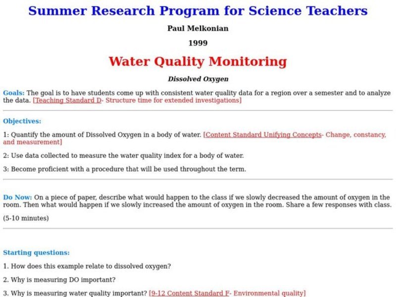 Water Quality Monitoring Lesson Plan for 9th 12th Grade Lesson