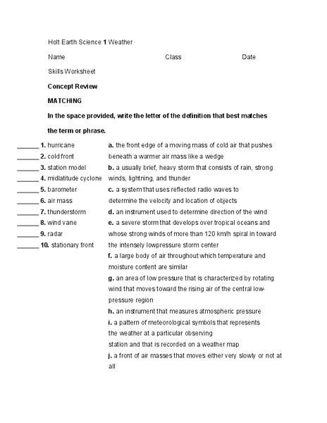 Weather 1 Worksheet for 6th - 8th Grade | Lesson Planet