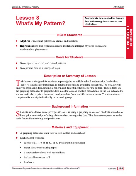 What's My Pattern? Lesson Plan for 7th - 8th Grade | Lesson Planet