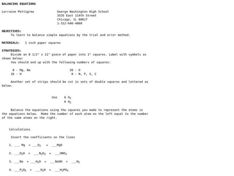Balancing Equations Lesson Plan for 7th 9th Grade Lesson