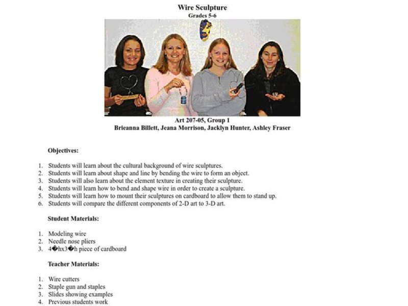 Wire Sculpture Lesson Plan for 5th 6th Grade Lesson