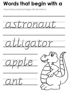 Words that Begin with a Worksheet for Kindergarten | Lesson Planet