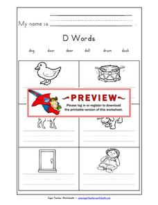 Words That Begin With D Worksheet for Kindergarten - 1st Grade | Lesson