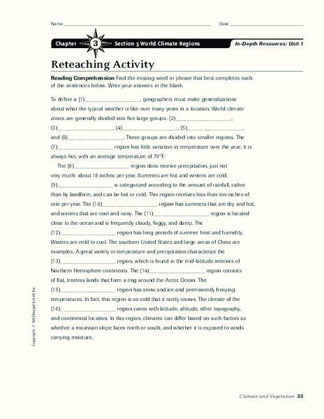 World Climate Regions Worksheet for 6th - 8th Grade | Lesson Planet