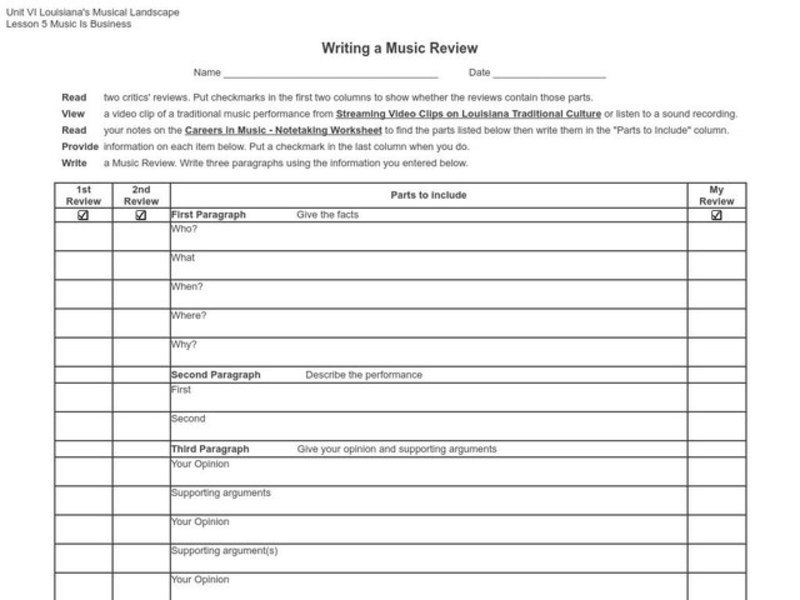Writing a Music Review Organizer for 7th 10th Grade Lesson