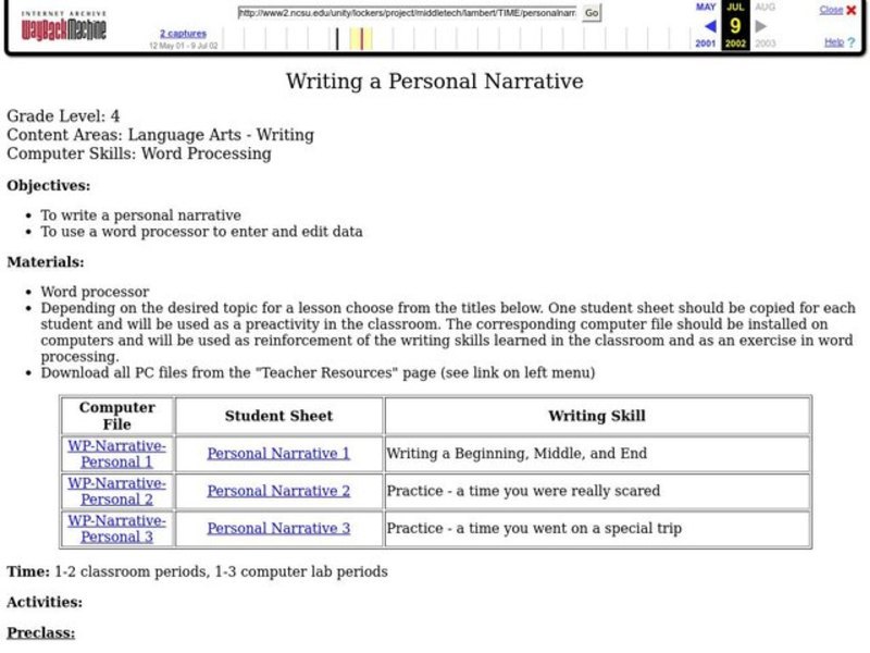 writing a personal narrative lesson plan