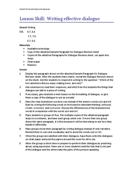 Writing Effective Dialogue Lesson Plan for 6th - 8th Grade | Lesson Planet