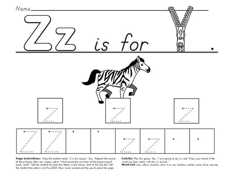Z is for Zipper Worksheet for PreK Kindergarten Lesson