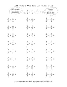 Add Fractions With Like Denominators (C) Worksheet