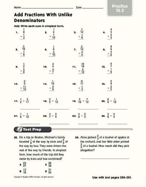 add fractions with unlike denominators practice worksheet