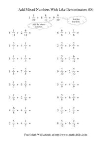 Add Mixed Numbers With Like Denominators (D) Worksheet