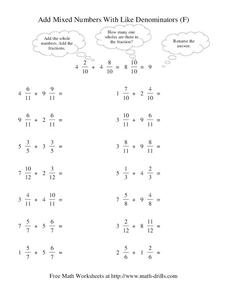 Add Mixed Numbers With Like Denominators (F) Worksheet