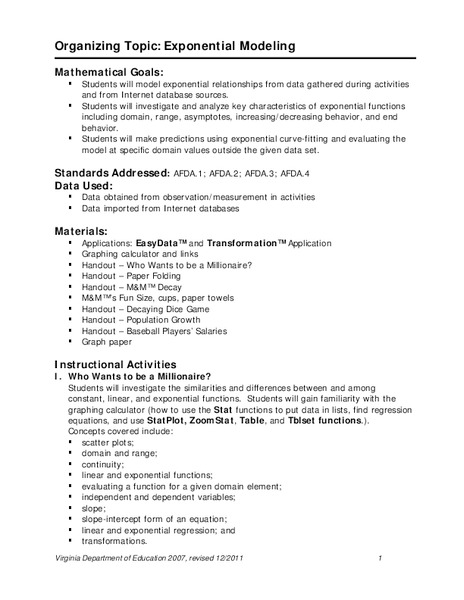 Exponential Modeling Lesson Plan For 10th 12th Grade Lesson Planet Exponential Modeling Lesson Plan For 10th 12th Grade Lesson Planet