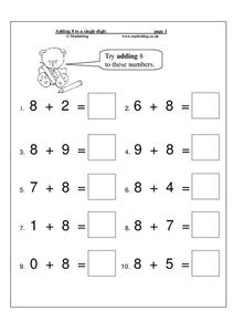 Adding 8 to a Single Digit Worksheet