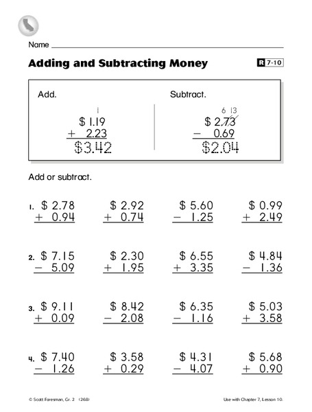 adding and subtracting money worksheet for 2nd grade lesson planet