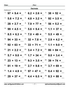 Adding Decimals Worksheet
