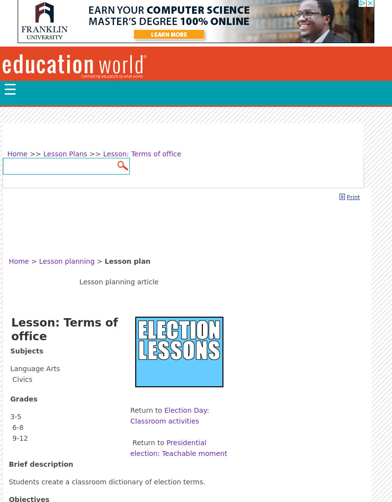 Terms of Office Lesson Plan for 3rd 12th Grade Lesson