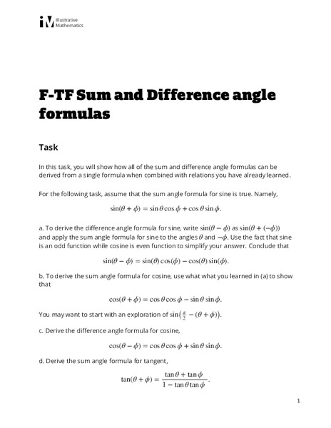 Sum and Difference Angle Formulas Assessment for 9th - 12th Grade ...