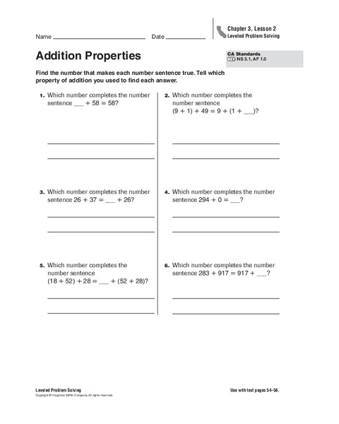 Addition Properties Worksheet for 4th - 5th Grade | Lesson Planet